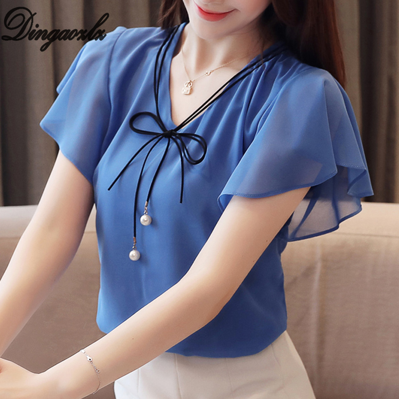 Dingaozlz M-4XL 2019 New Fashion Plus size Women Tops Elegant Chiffon Shirt Casual  clothing Bow tie Short sleeve Summer blouse - OnshopDeals.Com